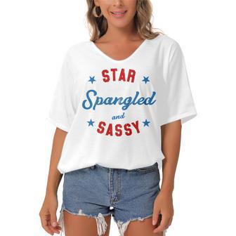 Fourth Of July Star Spangled Sassy Cute 741 Shirt Women's Bat Sleeves V-Neck Blouse | Favorety AU