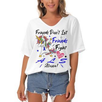 Friends Dont Let Friends Fight Als Alone Unicorn Blue Ribbon Amyotrophic Lateral Sclerosis Support Als Awareness Women's Bat Sleeves V-Neck Blouse | Favorety AU