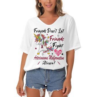 Friends Dont Let Friends Fight Arteriovenous Malformation Alone Unicorn Burgundy Ribbon Arteriovenous Malformation Support Arteriovenous Malformation Awareness Women's Bat Sleeves V-Neck Blouse | Favorety UK