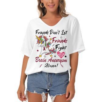 Friends Dont Let Friends Fight Brain Aneurysm Alone Unicorn Burgundy Ribbon Brain Aneurysm Bpd Brain Aneurysm Women's Bat Sleeves V-Neck Blouse | Favorety UK