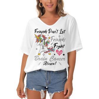 Friends Dont Let Friends Fight Brain Cancer Alone Unicorn Grey Ribbon Brain Cancer Brain Cancer Awareness Women's Bat Sleeves V-Neck Blouse | Favorety UK