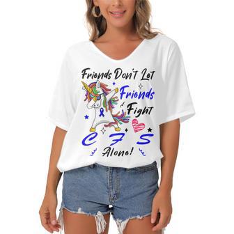 Friends Dont Let Friends Fight Chronic Fatigue Syndrome Cfs Alone Unicorn Blue Ribbon Chronic Fatigue Syndrome Support Cfs Awareness Women's Bat Sleeves V-Neck Blouse | Favorety AU