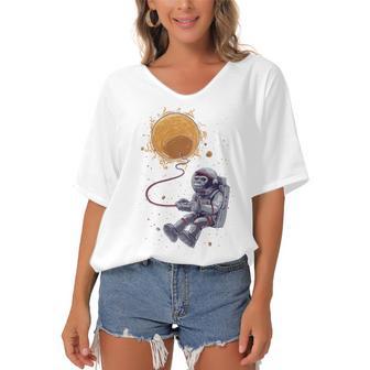 Funny Astronaut Monkey Blowing Sun V2 Women's Bat Sleeves V-Neck Blouse | Favorety DE