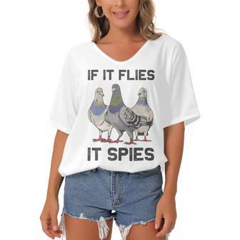 Funny Birds Pun Pigeon If It Flies It Spies Birds Are Liars Women's Bat Sleeves V-Neck Blouse | Favorety