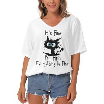 Funny Cat Its Fine Im Fine Everything Is Fine Its Fine Im Fine Women's Bat Sleeves V-Neck Blouse | Favorety DE