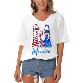 Funny Tie Dye Meowica 4Th Of July Cat Lovers Patriotic Women's Bat Sleeves V-Neck Blouse - Seseable