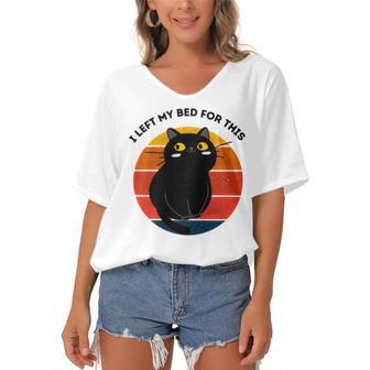 Funny Vintage Black Cat I Left My Bed For This Women's Bat Sleeves V-Neck Blouse | Favorety