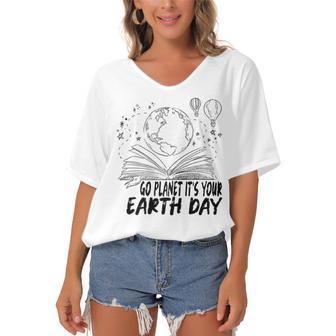 Go Planet Its Your Earth Day V2 Women's Bat Sleeves V-Neck Blouse | Favorety