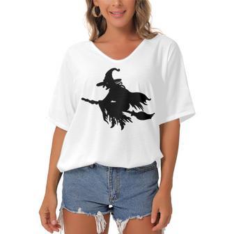 Halloween Scary Old Witch On Broom Art Design Pattern Women's Bat Sleeves V-Neck Blouse | Favorety