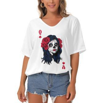 Halloween Sugar Skull With Red Floral Halloween Gift By Mesa Cute Women's Bat Sleeves V-Neck Blouse - Monsterry UK