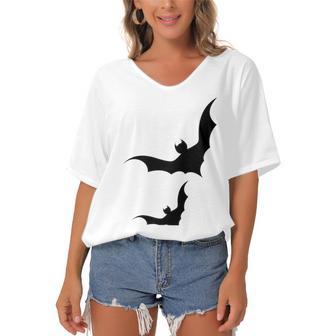 Halloween Two Bats Pattern Women's Bat Sleeves V-Neck Blouse | Favorety