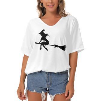 Halloween Young Scary Witch On Broom Pattern Women's Bat Sleeves V-Neck Blouse | Favorety AU