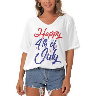 Happy 4Th Of July Dark Red Blue Text Women's Bat Sleeves V-Neck Blouse | Favorety AU