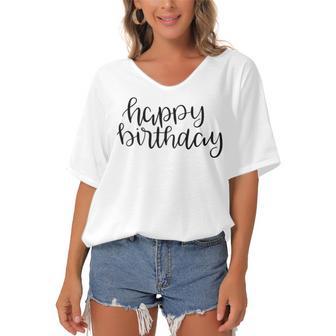 Happy Birthday Text Design Women's Bat Sleeves V-Neck Blouse | Favorety