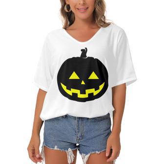 Happy Halloween Scary Black Pumpkin Pattern Women's Bat Sleeves V-Neck Blouse | Favorety CA