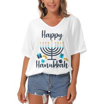 Happy Hanukkah Chanukah Pajama 893 Shirt Women's Bat Sleeves V-Neck Blouse | Favorety