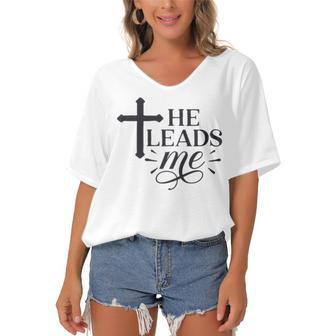 He Leads Me V2 Women's Bat Sleeves V-Neck Blouse | Favorety AU