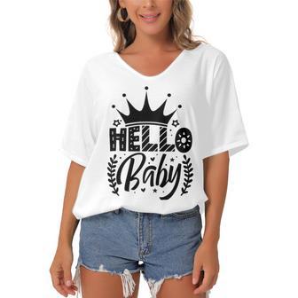 Hello Baby Graphic Design For New Coming Babys Women's Bat Sleeves V-Neck Blouse | Favorety AU