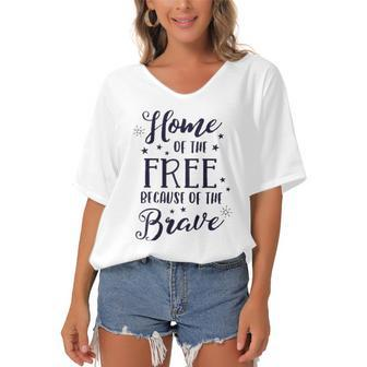 Home Of The Free Because Of The Brave 4Th Of July Patriotic Women's Bat Sleeves V-Neck Blouse | Mazezy