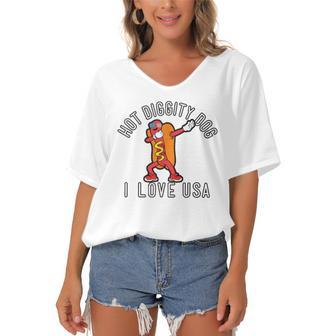Hot Diggity Dog I Love Usa Classic Hot Dogs Day Women's Bat Sleeves V-Neck Blouse | Mazezy