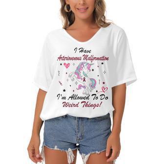 I Have Arteriovenous Malformation Im Allowed To Do Weird Things Funny Unicorn Burgundy Ribbon Arteriovenous Malformation Support Arteriovenous Malformation Awareness Women's Bat Sleeves V-Neck Blouse | Favorety