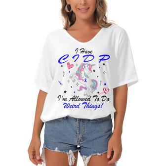 I Have Cidp Im Allowed To Do Weird Things Unicorn Blue Ribbon Cidp Support Cidp Awareness Women's Bat Sleeves V-Neck Blouse | Favorety DE