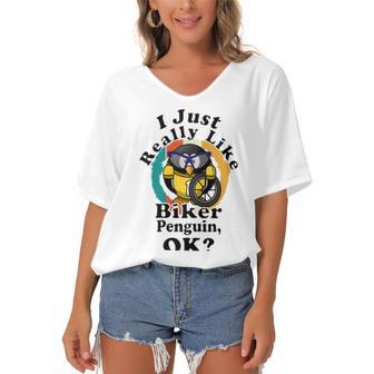 I Really Like Biker Penguin Ok Women's Bat Sleeves V-Neck Blouse | Favorety CA