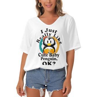 I Really Like Cute Baby Penguin Ok Women's Bat Sleeves V-Neck Blouse | Favorety CA