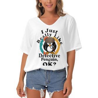 I Really Like Detective Penguin Ok Women's Bat Sleeves V-Neck Blouse | Favorety CA