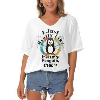 I Really Like Fairy Penguin Ok Women's Bat Sleeves V-Neck Blouse | Favorety CA