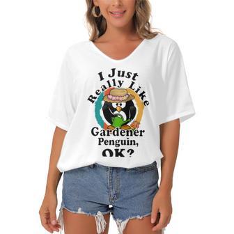 I Really Like Gardener Penguin Ok Women's Bat Sleeves V-Neck Blouse | Favorety AU