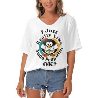 I Really Like Judo Penguin Ok Women's Bat Sleeves V-Neck Blouse | Favorety