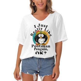 I Really Like Postman Penguin Ok Women's Bat Sleeves V-Neck Blouse | Favorety CA