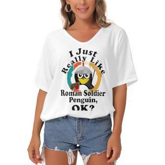 I Really Like Roman Soldier Penguin Ok Women's Bat Sleeves V-Neck Blouse | Favorety DE