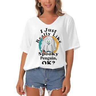 I Really Like Spooky Penguin Ok Women's Bat Sleeves V-Neck Blouse | Favorety CA