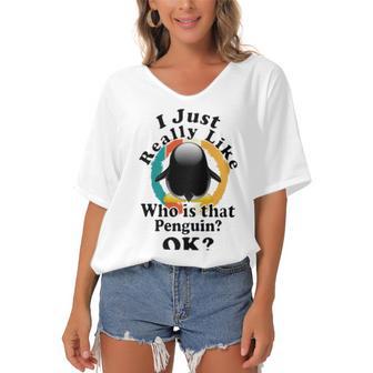 I Really Like Who Is That Penguin Ok Women's Bat Sleeves V-Neck Blouse | Favorety CA