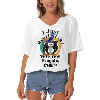 I Really Like Wizard Penguin Ok Women's Bat Sleeves V-Neck Blouse | Favorety UK