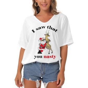 I Saw That You Nasty Red Santa Women's Bat Sleeves V-Neck Blouse | Favorety AU