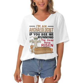 If You See Me Running Dead Have Risen Funny Archaeology Women's Bat Sleeves V-Neck Blouse | Mazezy