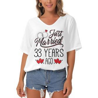 Just Married 33 Years Ago Funny Couple 33Rd Anniversary Gift Women's Bat Sleeves V-Neck Blouse | Mazezy