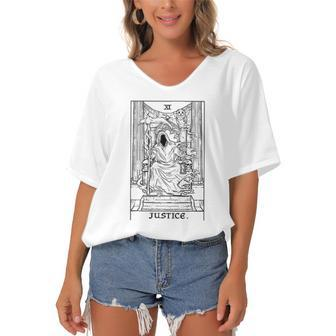 Justice Tarot Card Grim Reaper Halloween Horror Occult Goth Women's Bat Sleeves V-Neck Blouse | Mazezy