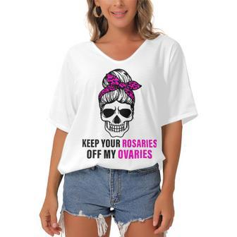 Keep Your Rosaries Off My Ovaries Feminist Skull Women's Bat Sleeves V-Neck Blouse | Favorety UK