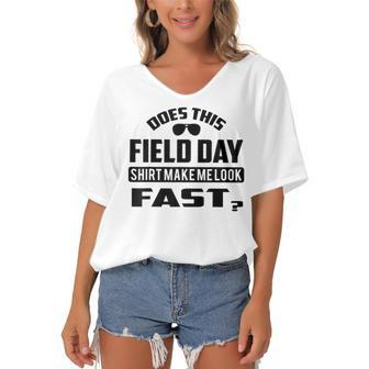 Kids Field Day For Teache Yellow Field Day Women's Bat Sleeves V-Neck Blouse | Mazezy
