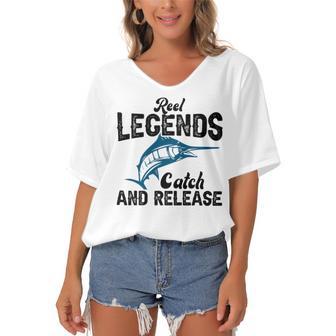 Loving Fish Reel Legends Catch And Release Women's Bat Sleeves V-Neck Blouse | Favorety CA