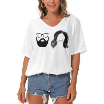 Man With Beard And Glasses With Woman Wavy Hair Women's Bat Sleeves V-Neck Blouse | Favorety AU