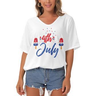 Memorial Day 4Th Of July Holiday Patriotic Ice Cream V2 Women's Bat Sleeves V-Neck Blouse | Favorety UK