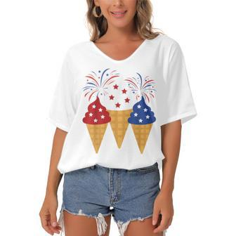 Memorial Day 4Th Of July Holiday Patriotic Ice Cream Women's Bat Sleeves V-Neck Blouse - Monsterry