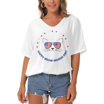 Memorial Day Cat Meowmorial Day V2 Women's Bat Sleeves V-Neck Blouse | Favorety AU