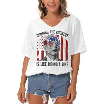 Merry 4Th Of July Joe Biden Falling Off His Bicycle Funny Women's Bat Sleeves V-Neck Blouse - Seseable