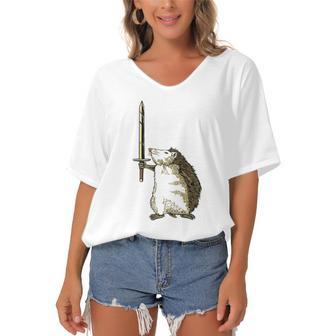Mighty Hedgehog With Long Sword Women's Bat Sleeves V-Neck Blouse | Mazezy
